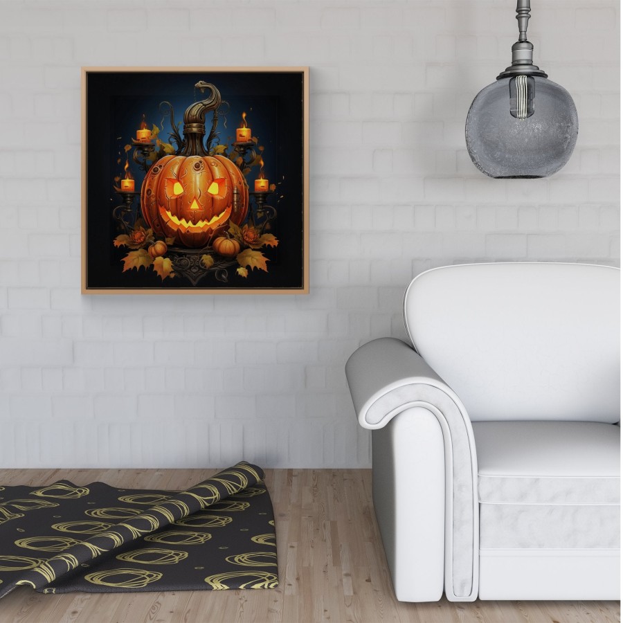 Click to view product details and reviews for Spooky Pumpkin With Leaves And Small Candles Framed Canvas 16 X 16 Pine.
