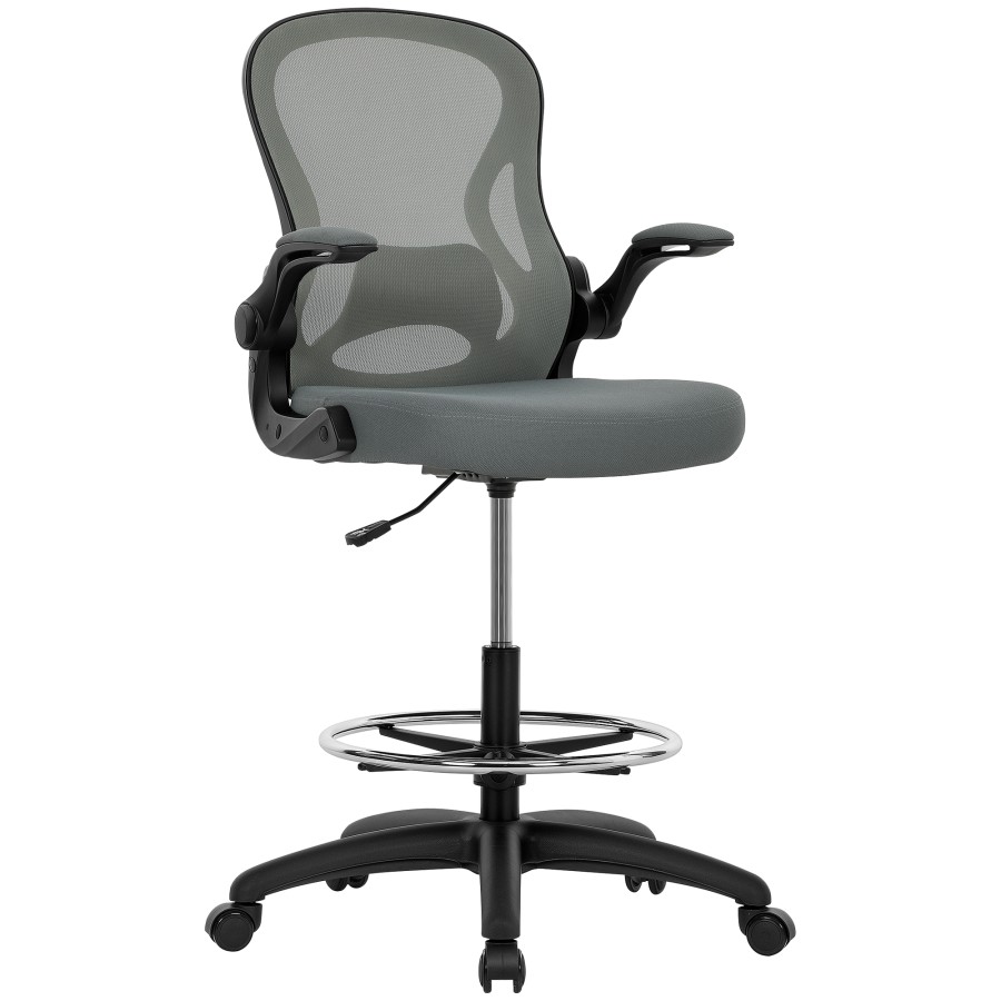 Click to view product details and reviews for Vinsetto Draughtsman Chair With Flip Up Armrests Mesh Standing Desk Chair With Lumbar Support And Adjustable Foot Ring For Bar Counter Charcoal Grey.