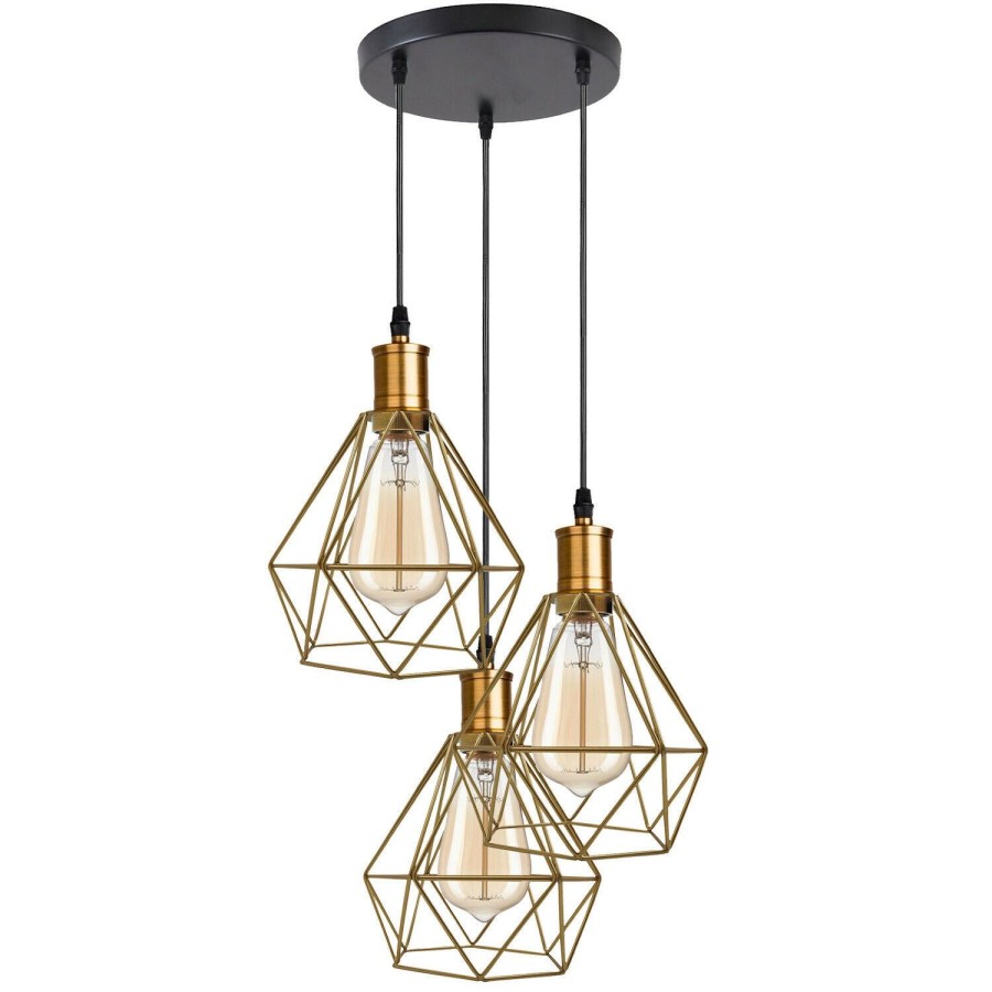 Click to view product details and reviews for Industrial Retro Style 3 Light Pendant Lights Adjustable Cord With Diamond Metal Cages1255 Gold With Bulb.