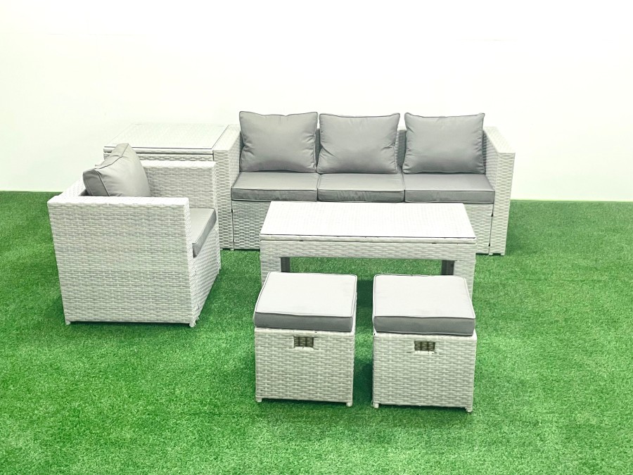 Click to view product details and reviews for Fimous Rattan Garden Furniture Set Outdoor Lounger Sofa With Coffee Table 2 Small Footstools Light Grey Mixed 6 Seater.