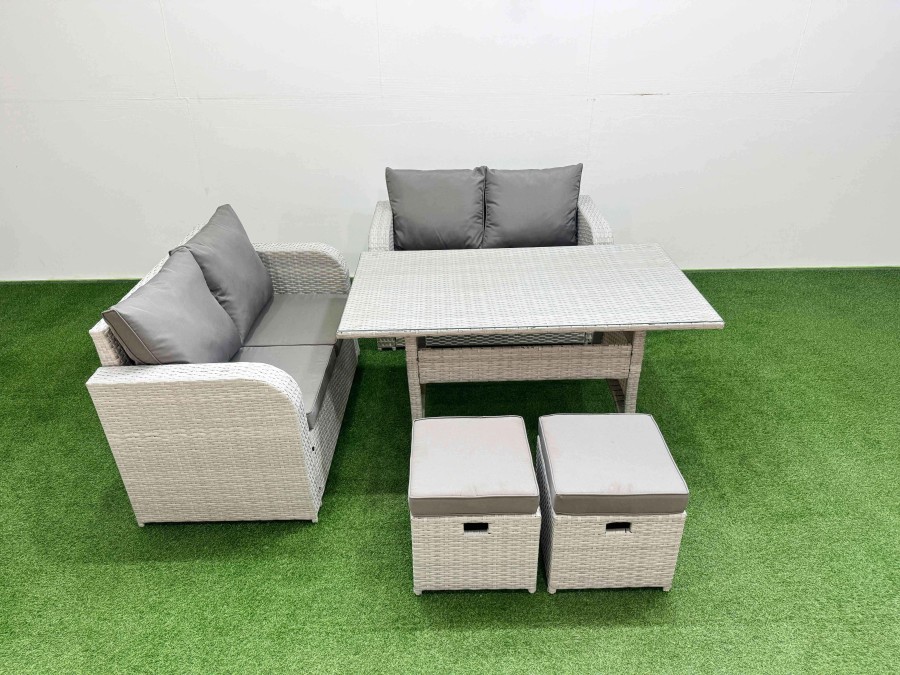 Click to view product details and reviews for Fimous 6 Seater Outdoor Love Sofa Set Rattan Garden Furniture Set With Rectangular Dining Table 2 Small Stools Light Grey.