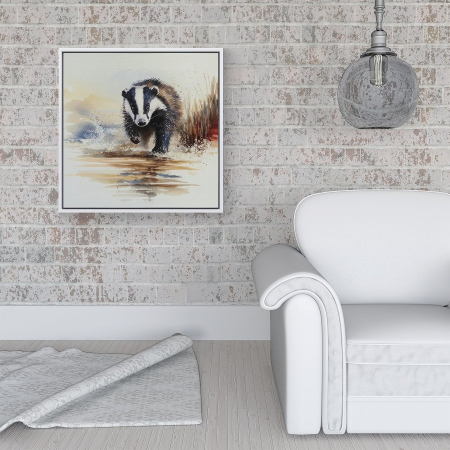 Click to view product details and reviews for Wading Badger Watercolour Framed Canvas 16 X 16 White.