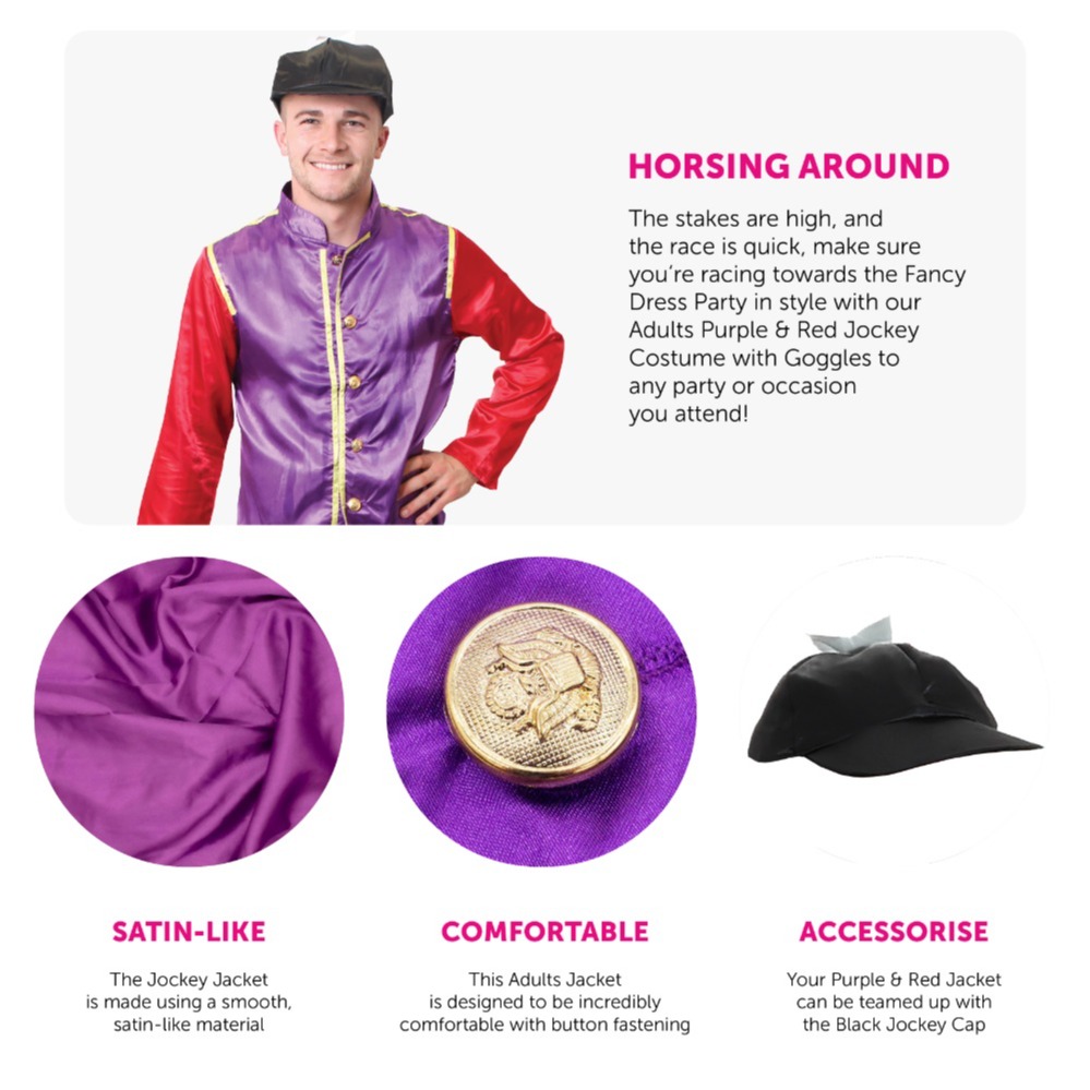 Adults Purple & Red Jockey Costume - with White Trousers, Boot Covers & Black Goggles