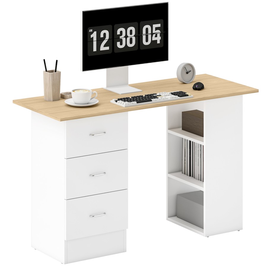 Click to view product details and reviews for Homcom Computer Desk Writing Table Pc Workstation With 3 Storage Shelves And Drawers Silver Handle For Home Office Natural Wood Finish And White.