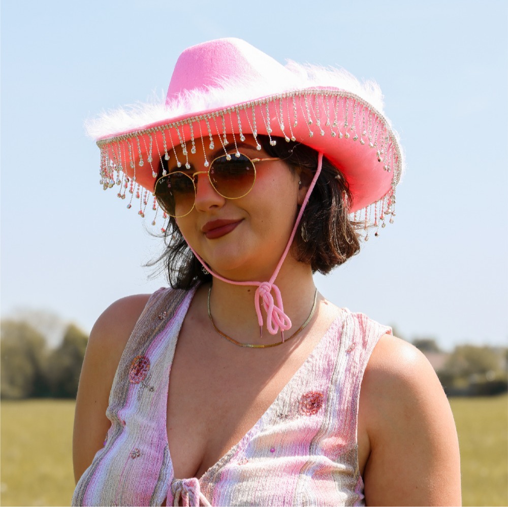 Pink Cowboy Hat with Diamantes & Marabou Trim
