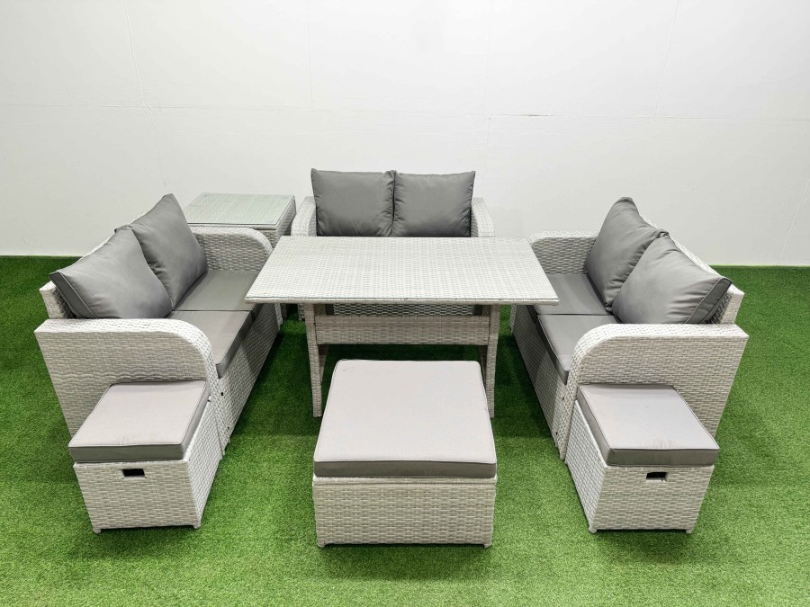 Click to view product details and reviews for Fimous 9 Seater Pe Wicker Rattan Furniture Sofa Sets With Rectangular Dining Table 2 Seater Love Sofa 3 Stool Side Table Light Grey.