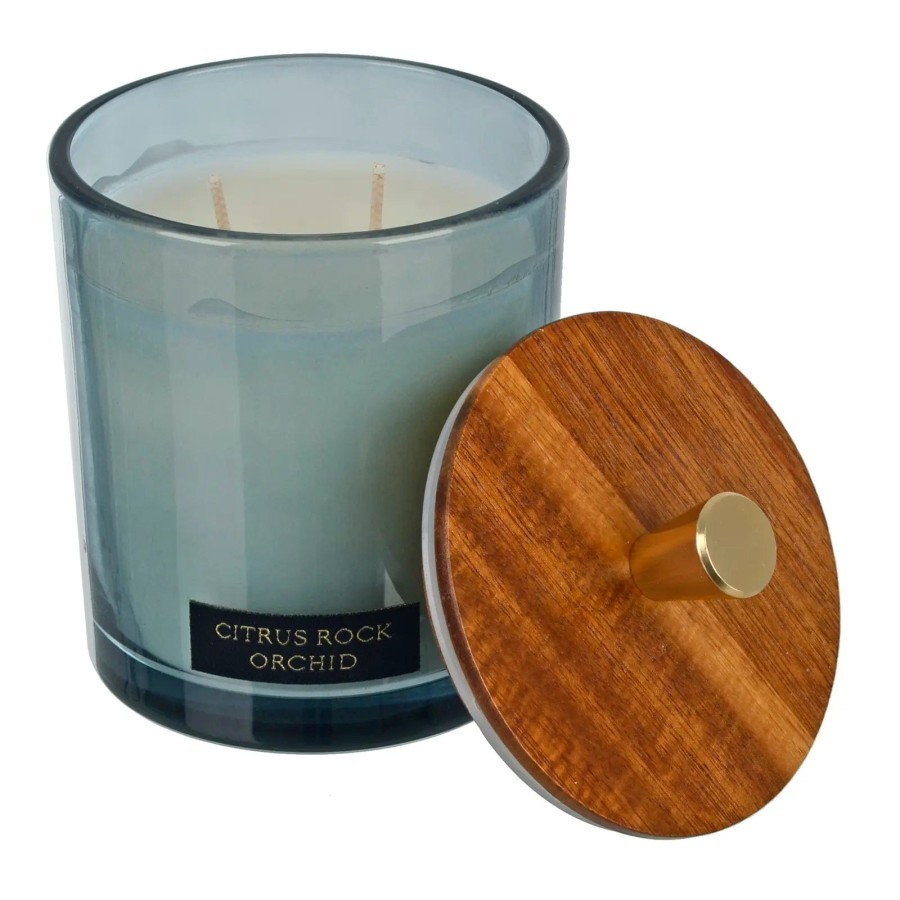 Click to view product details and reviews for Luxury Scented Candle Double Wick Glass Jar Natural Wooden Lid 380g Citrus Rock Orchid.