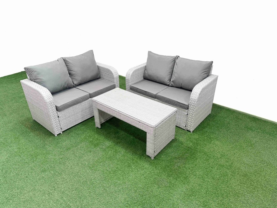 Click to view product details and reviews for Fimous 4 Seater Outdoor Love Sofa Set Rattan Garden Furniture Set With Oblong Coffee Table Light Grey.
