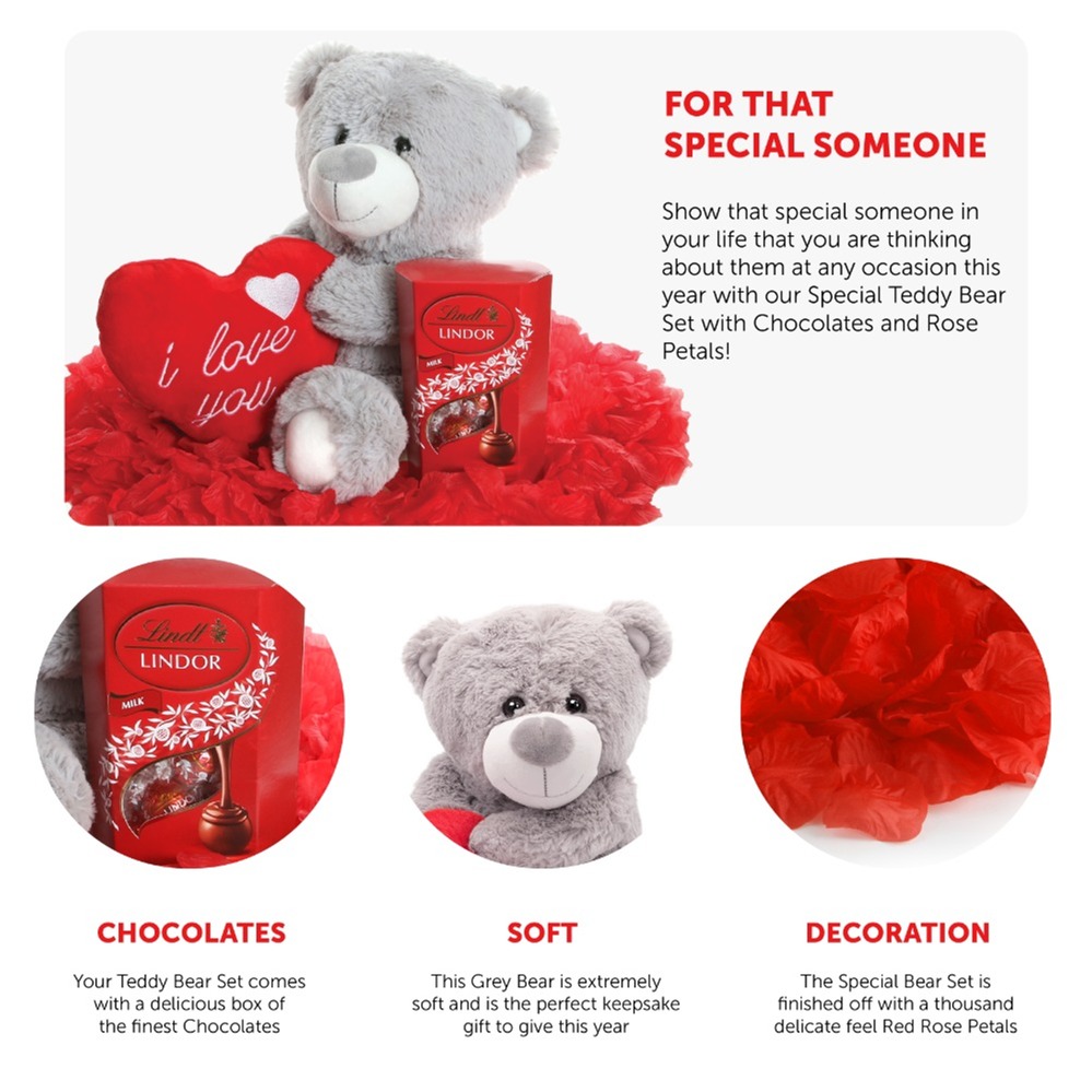 12" I Love You Bear, 1000 Rose Petals & Lindt Lindor Chocolates