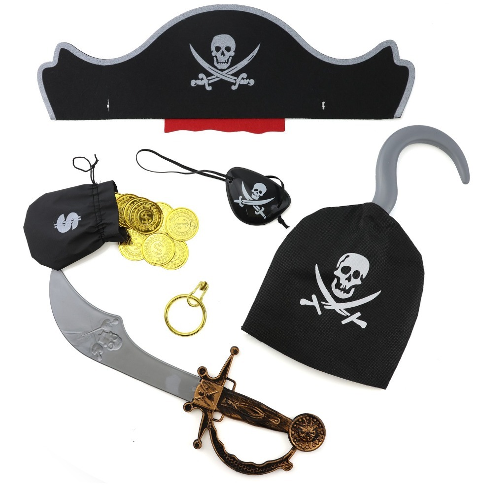 Boys Pirate Costume | 8 Pcs | Costume, Hats. Eye Patch, Earing, Coins, Hook & Sword