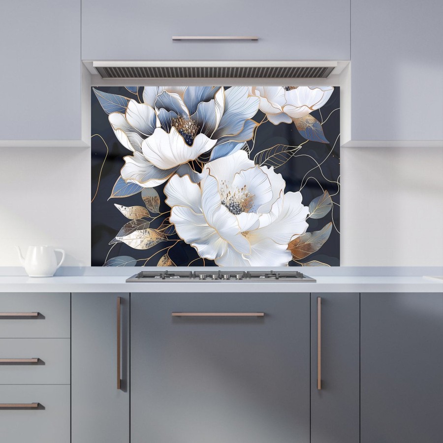 Click to view product details and reviews for Elegant Floral Symphony In Blue And Gold Kitchen Splashback W900mm X H650mm.