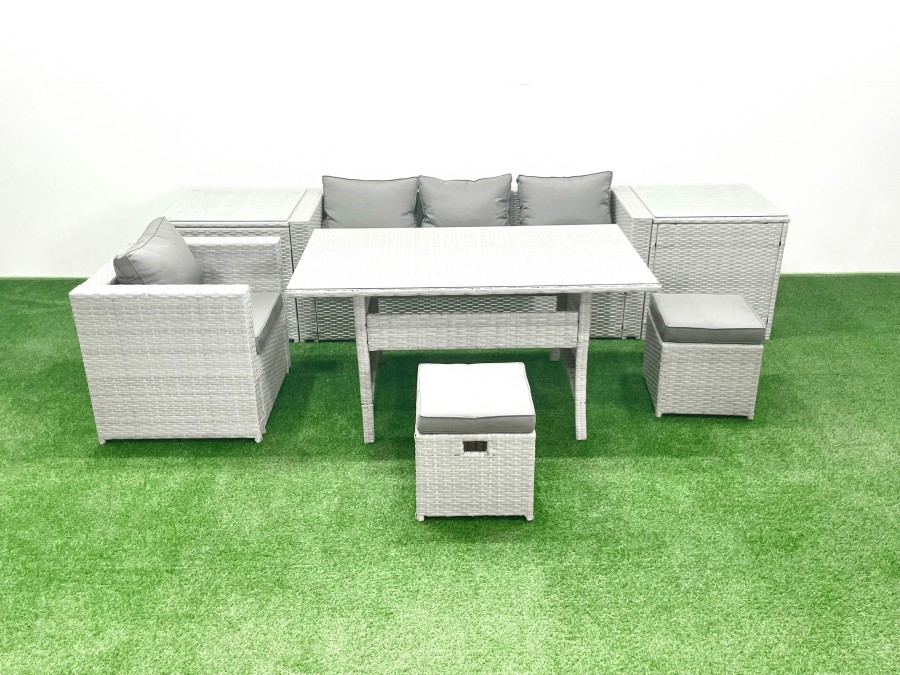 Click to view product details and reviews for Fimous Rattan Garden Furniture Dining Set 6 Seater Lounge Sofa Chair Dining Table Set With 2 Small Footstools 2 Side Tables Light Grey Mixed.
