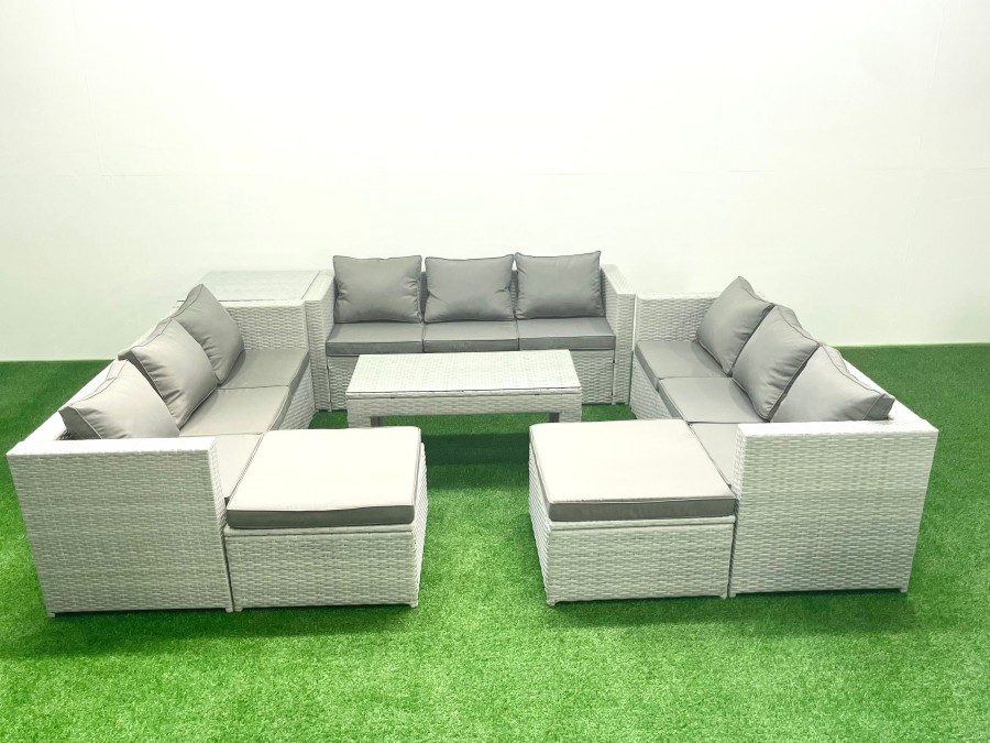 Click to view product details and reviews for Fimous Rattan Garden Outdoor Furniture Set 11 Seater Garden Sofa Oblong Coffee Table Set With 2 Big Footstools Side Table Light Grey Mixed.