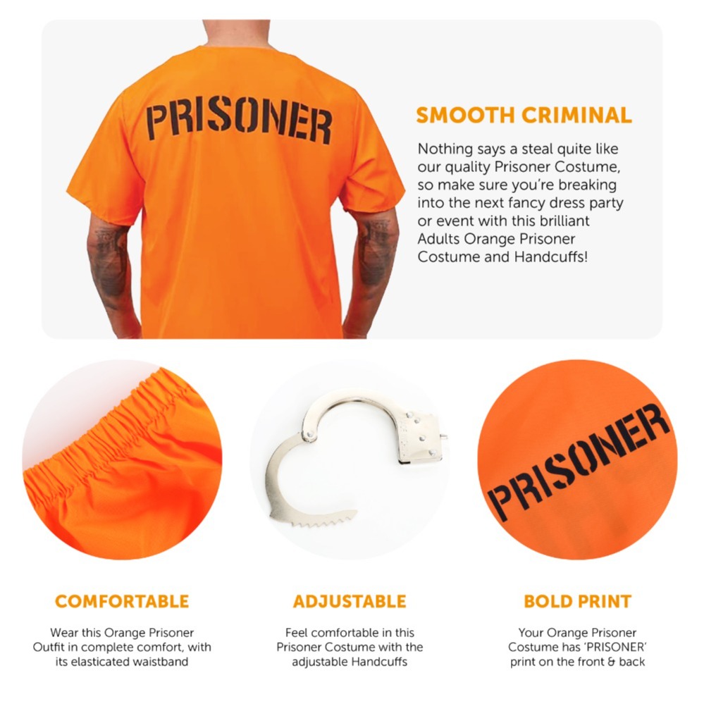 Mens Orange Prisoner Costume with Handcuffs