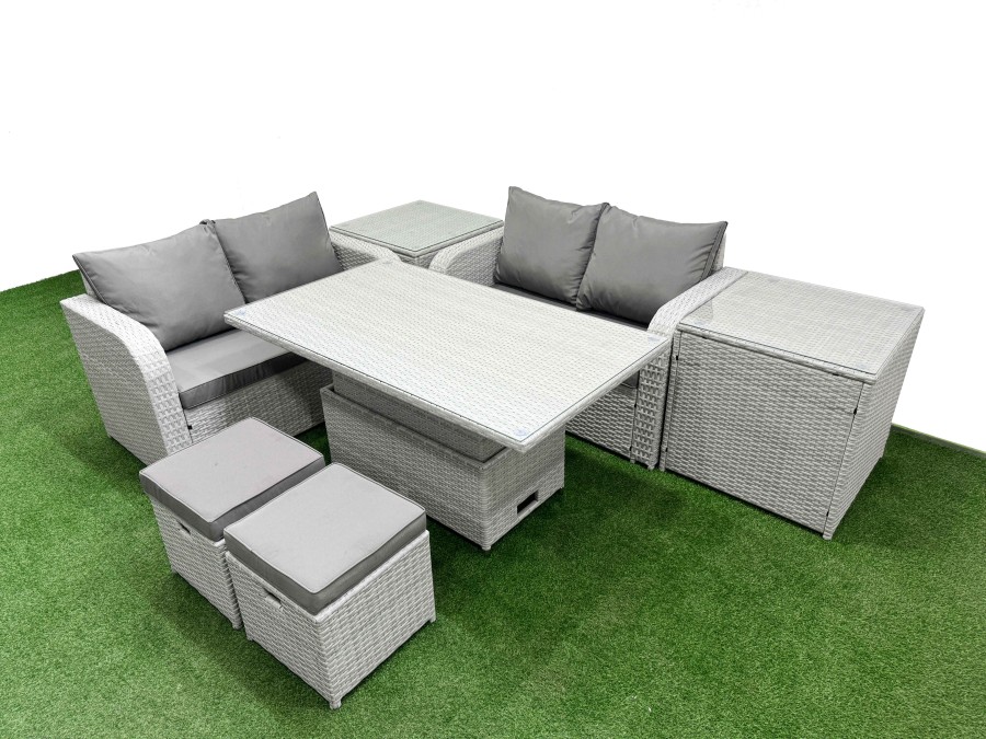 Click to view product details and reviews for Fimous 6 Seater Outdoor Love Sofa Set Rattan Garden Furniture Set With Adjustable Lifting Dining Or Coffee Table 2 Small Stools 2 Side Tables Light Gr.