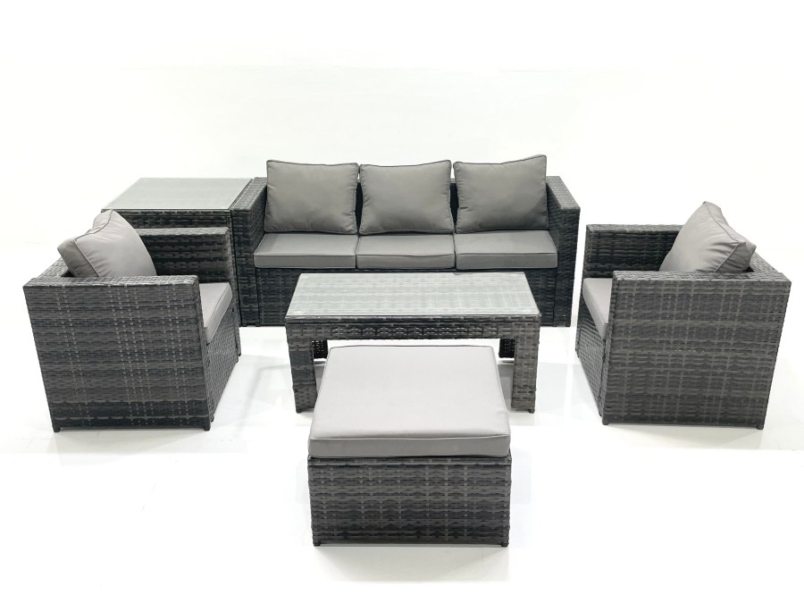 Click to view product details and reviews for Fimous Rattan Garden Furniture Set Outdoor Lounger Sofa With Coffee Table 2 Armchair Big Footstool Side Table Dark Grey Mixed.