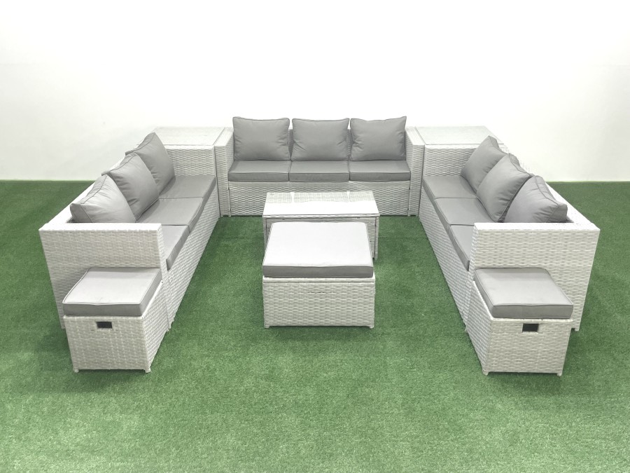 Click to view product details and reviews for Fimous Rattan Garden Outdoor Furniture Set 12 Seater Garden Sofa Coffee Table Set With 3 Footstools 2 Side Tables Light Grey Mixed.