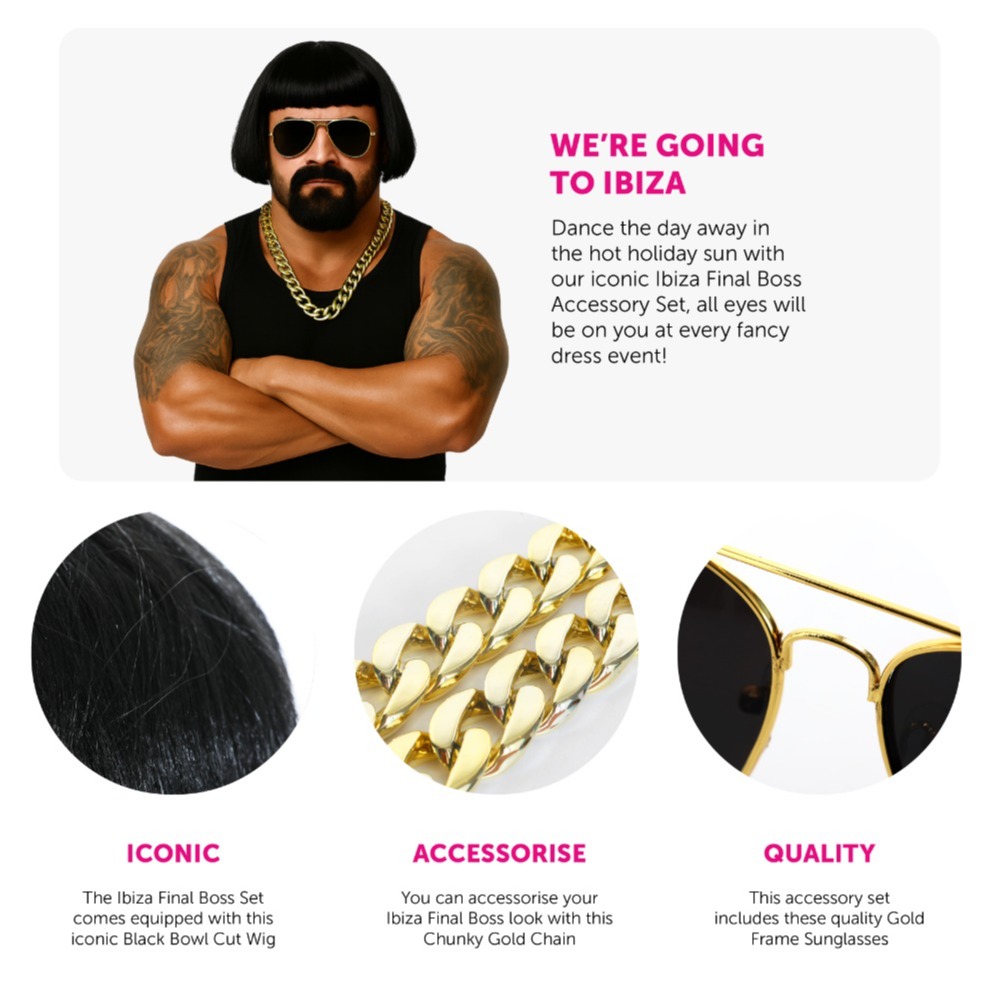 Ibiza Final Boss Costume Accessory Set | 4 Pcs | Wig, Chain, Sunglasses & Goatee