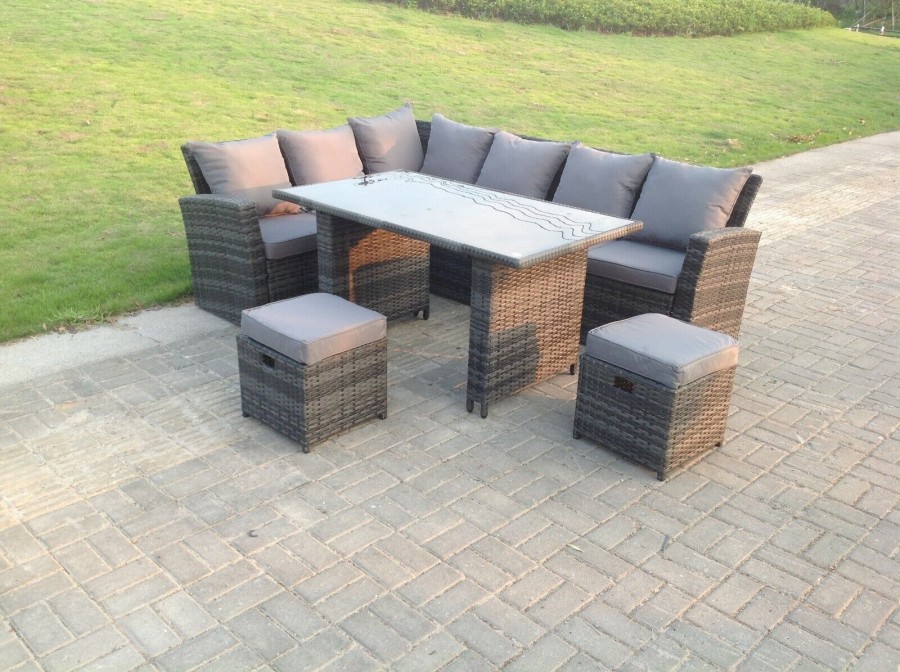 Fimous High Back Grey Mixed Rattan Corner Sofa Dining Set Table With Stools 8 Seater Left Corner