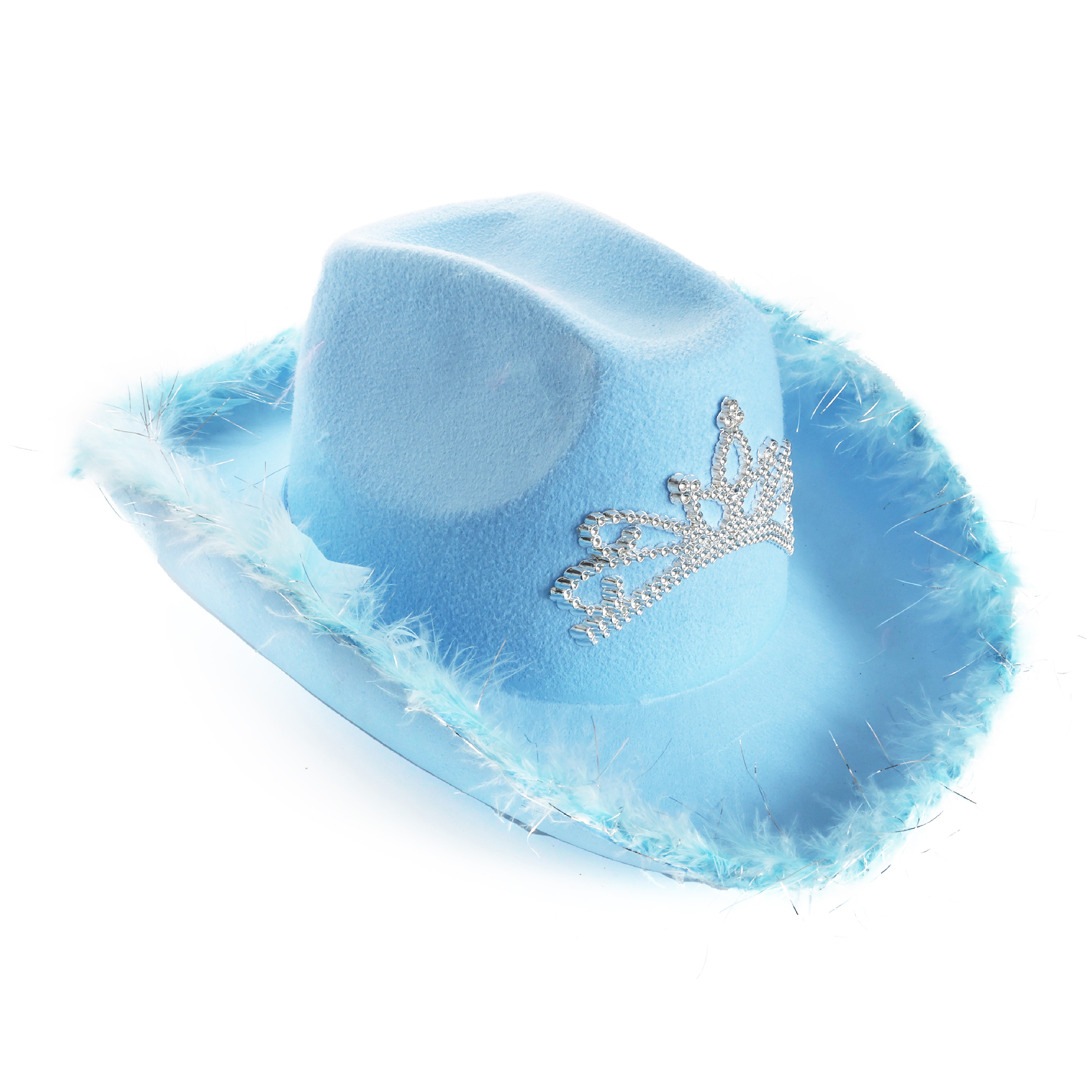 Click to view product details and reviews for Tiara Cowgirl Hat With Marabou Trim Blue.
