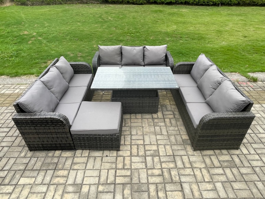 Fimous Patio Garden Dining Set Outdoor Rattan Furniture Lounge Sofa Height Adjustable Rising lifting Table With Big Footstool Dark Grey Mixed