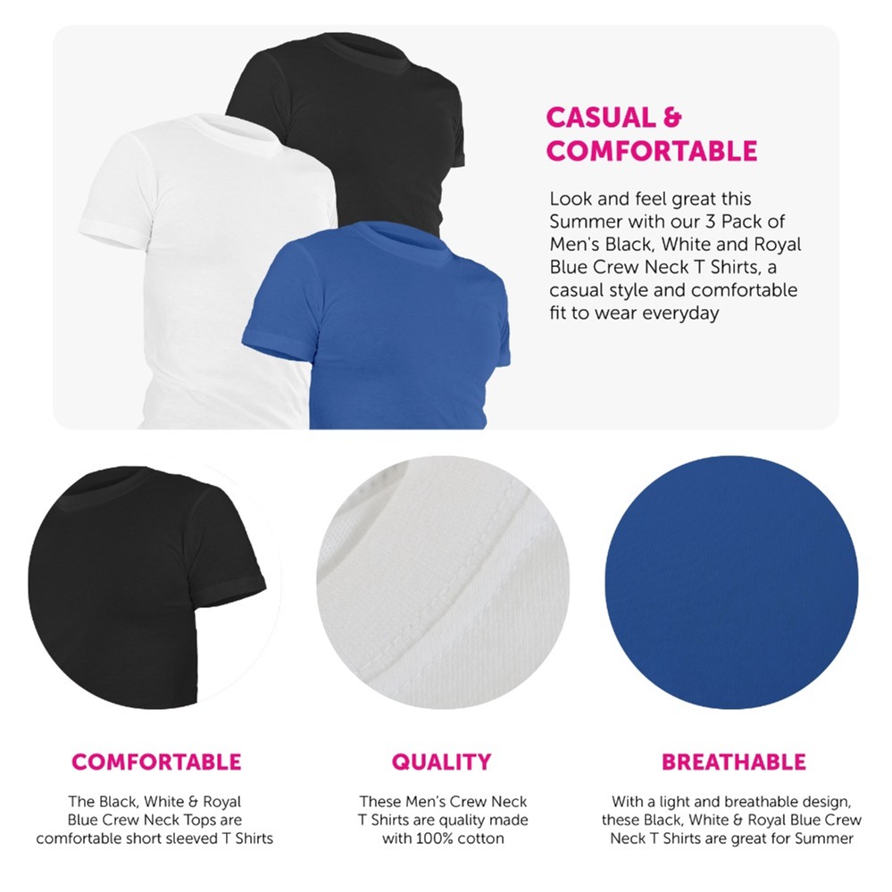 3 Pack Black, White & Blue Crew Neck T Shirts