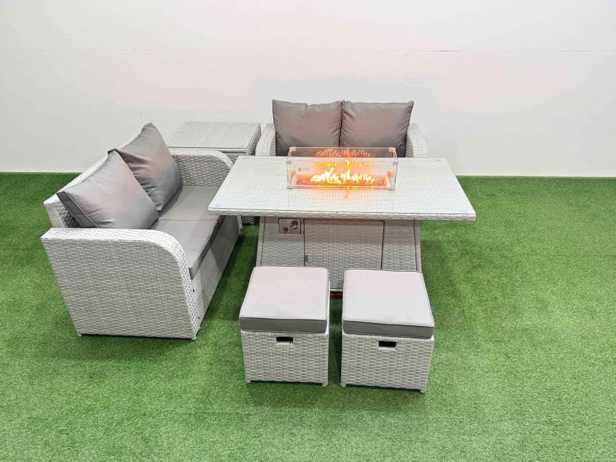 Click to view product details and reviews for Fimous 6 Seater Outdoor Love Sofa Set Rattan Garden Furniture Set With Firepit Dining Table 2 Small Stools Side Table Light Grey.
