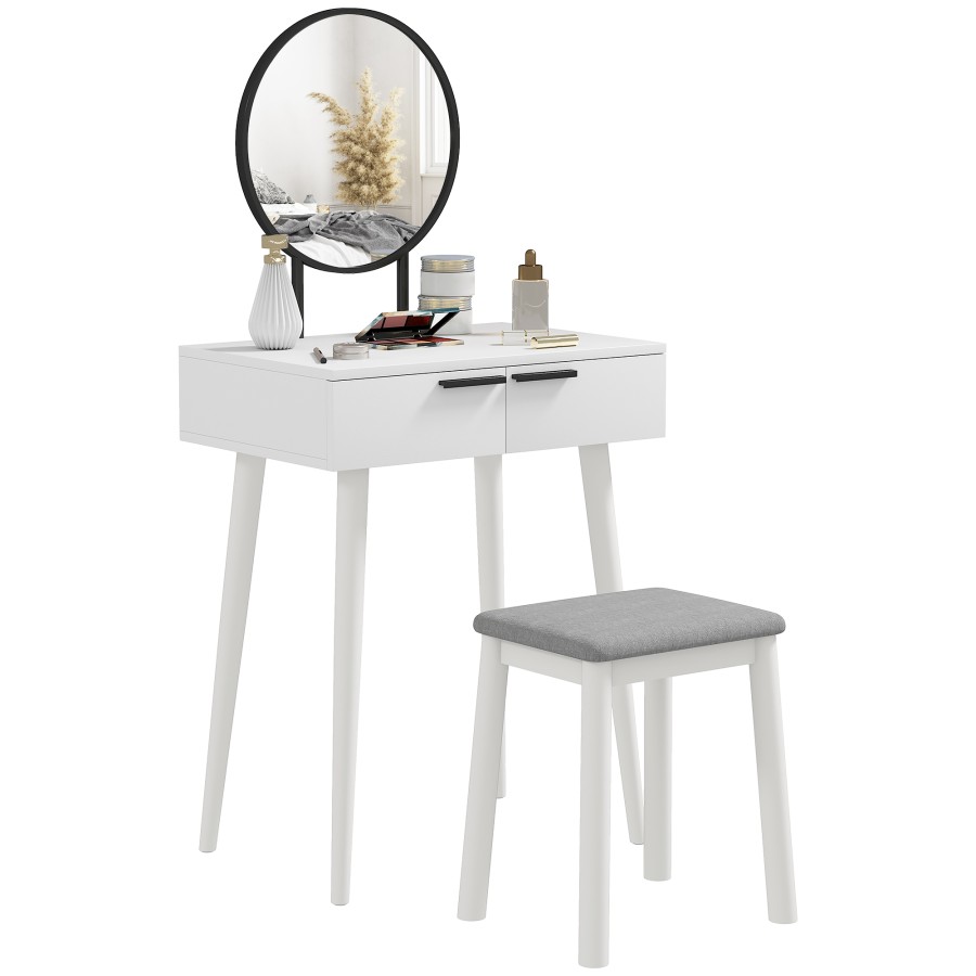 Click to view product details and reviews for Homcom Dressing Table With Mirror And Stool Vanity Makeup Desk Set With 2 Drawers Cushioned Stool And Make Up Organiser For Bedroom And Dressing Roo.