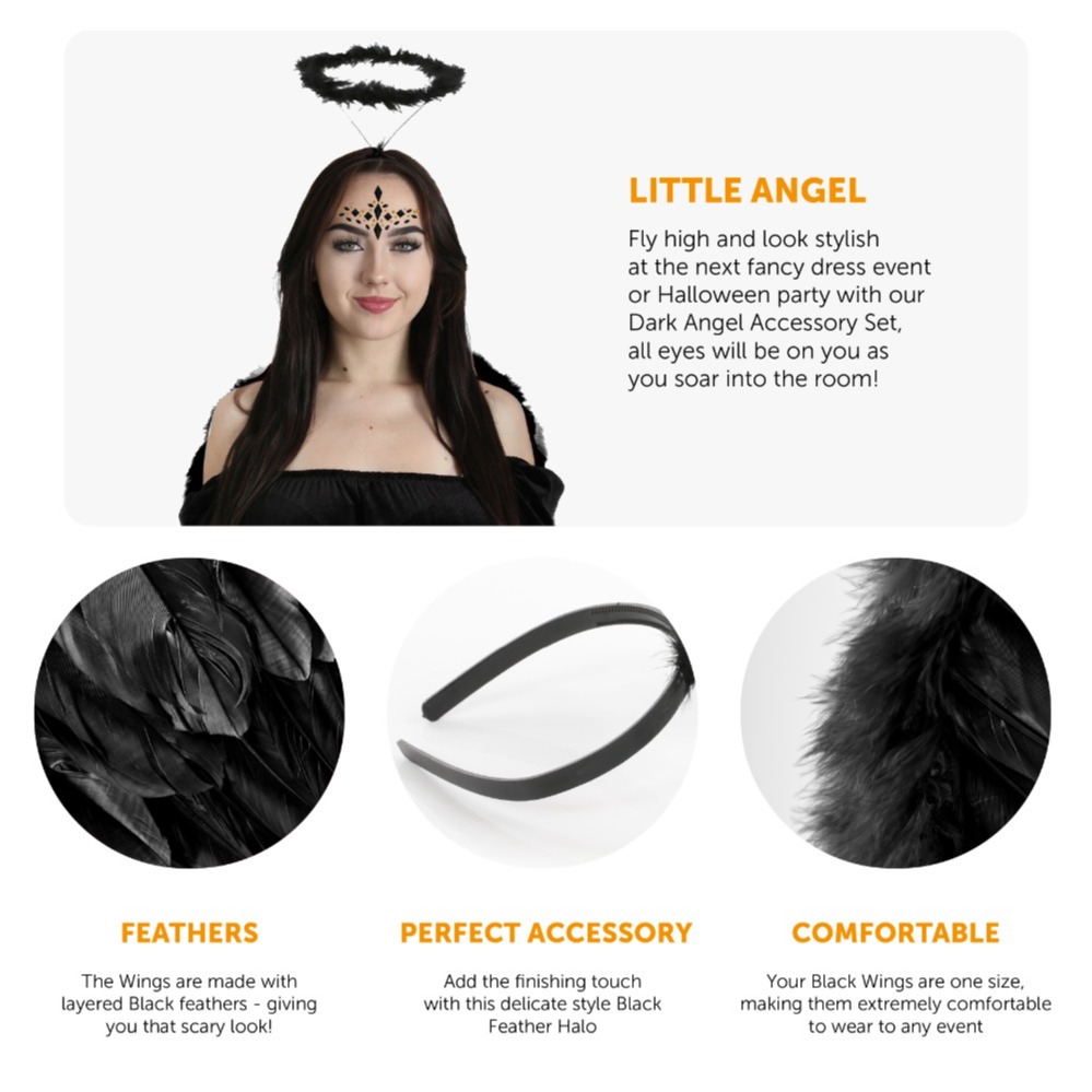 Dark Angel Accessory Set - Halo Headband, Wing, Gloves & Face Gems