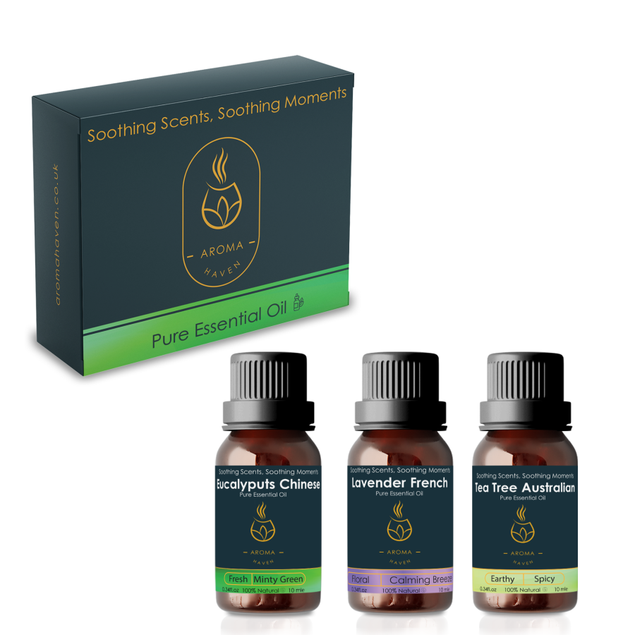 Set of 3 Essential Oils 10ml | Lavender, Tea Tree, Eucalyptus | Aroma Haven UK
