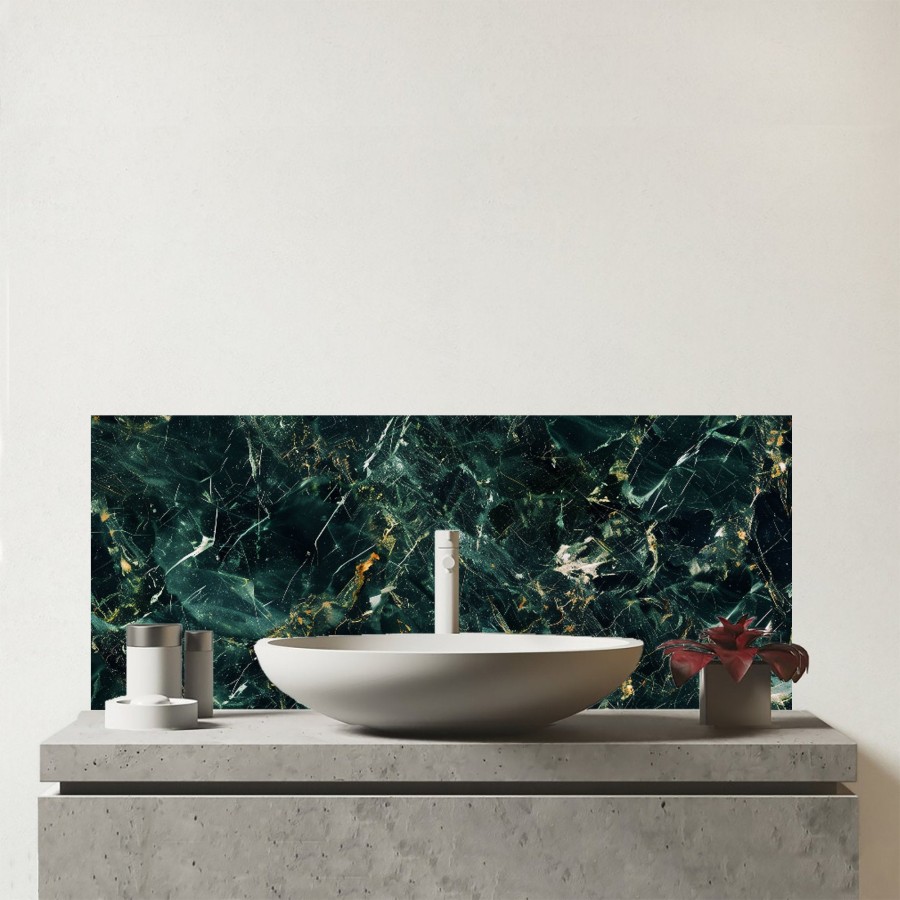 Click to view product details and reviews for Deepest Green Quartz Effect Glass Bathroom Splashback.