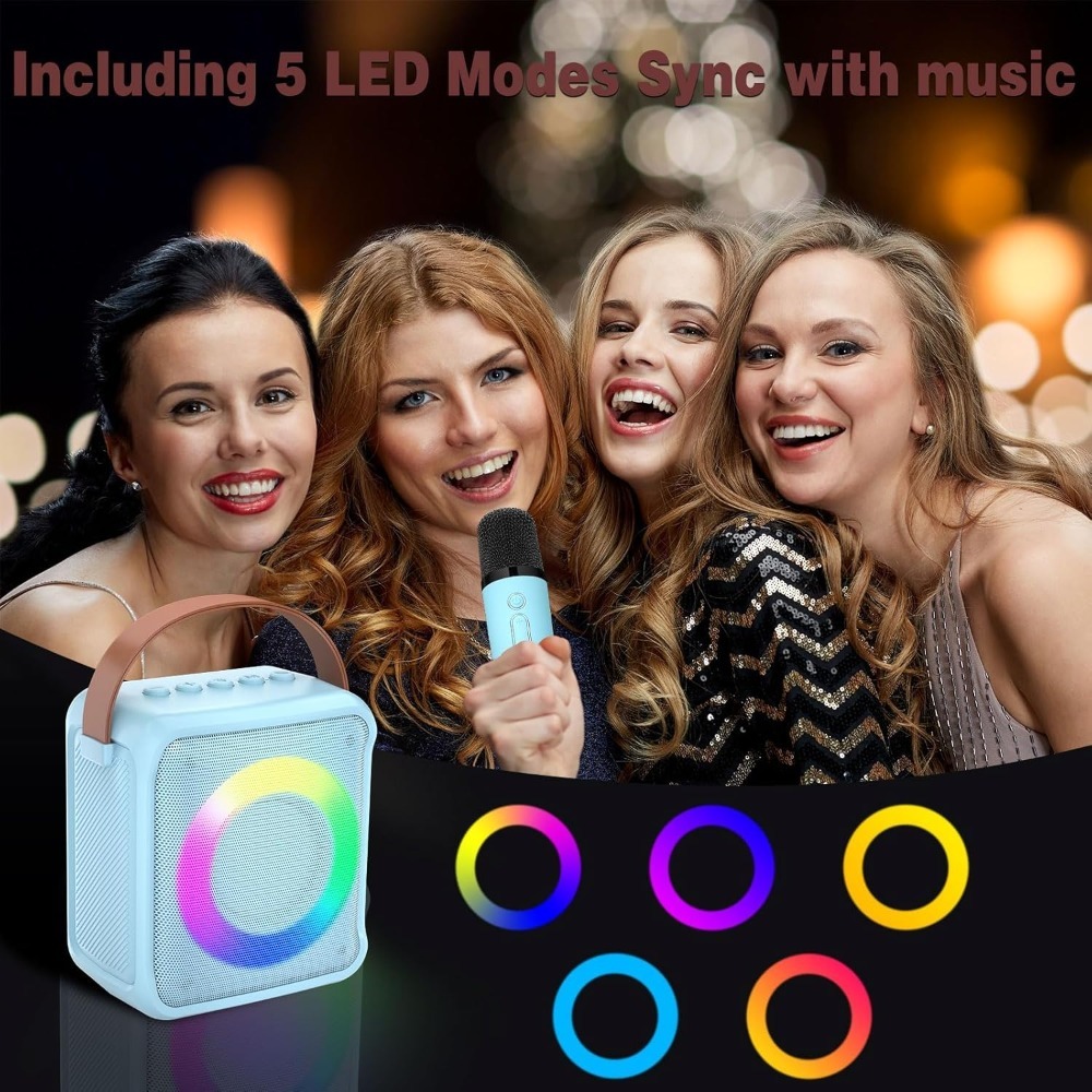Portable Kids & Adults Karaoke Machine with 2 Mics, LED Lights - Blue