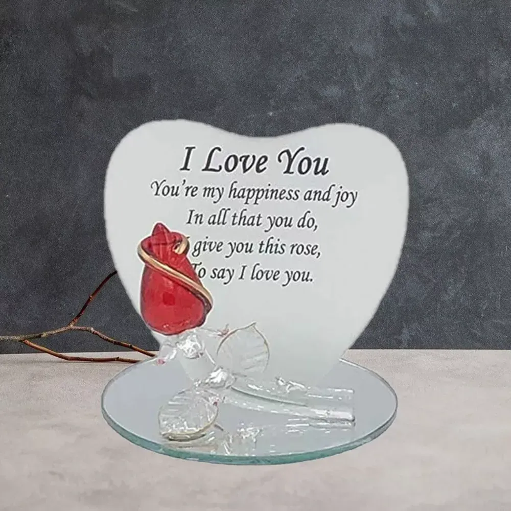 Glass Heart with Red Rose - Romantic Love Valentines Day Gift for Any Occasion
