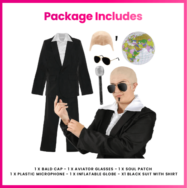 Mr Worldwide Deluxe Costume Small Set - Bald Cap, Glasses, Soul Patch, Inflatable Globe, Microphone Suit and Shirt - Pitbull Costume