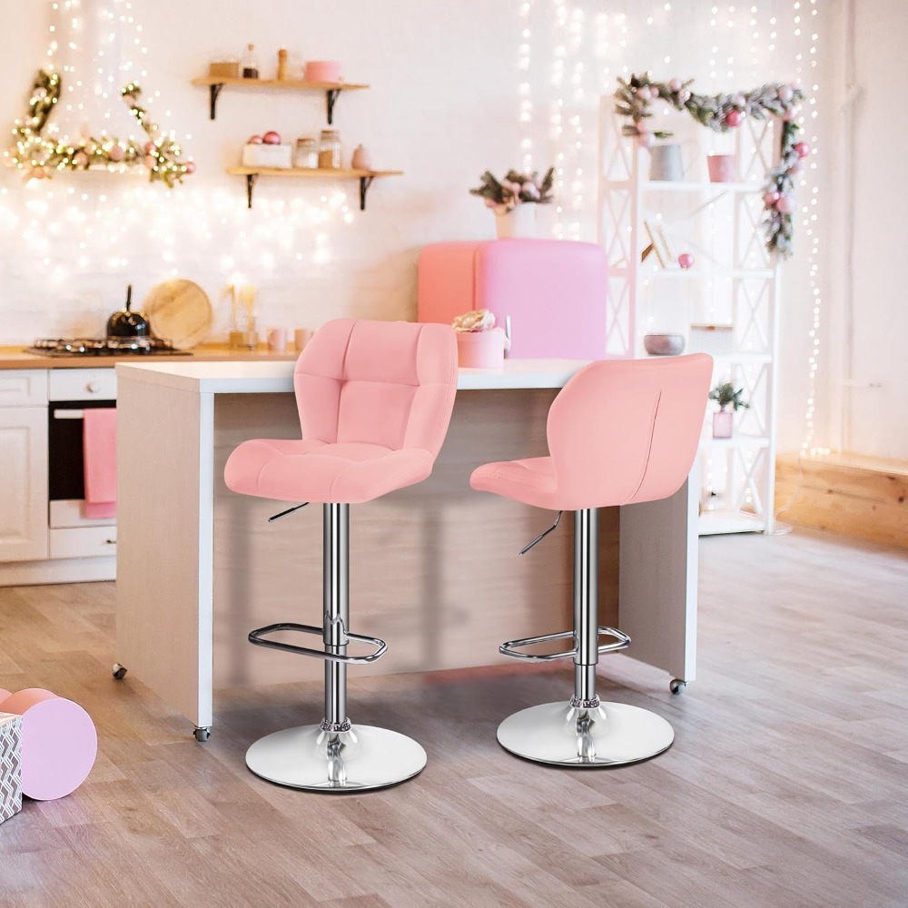 Modern Pink Bar Stools Set of 2, Adjustable Swivel PU Leather Counter Chairs