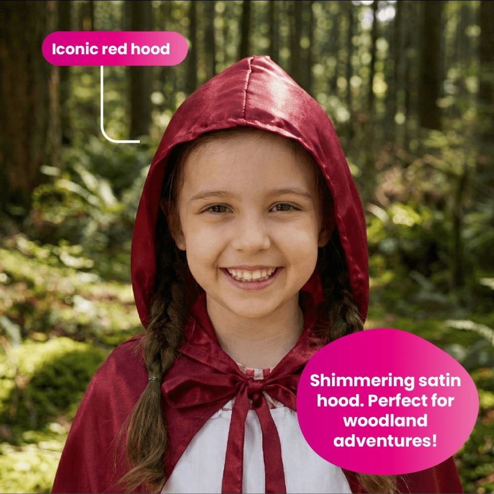 Girls Little Red Riding Hood Costume | 5 Pcs | Dress, Apron, Cape, Soft Basket & Wolf