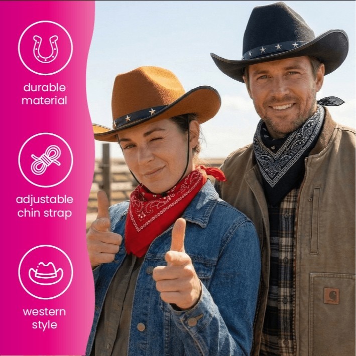 Adults Brown & Black Star Studded Cowboy Hats with Red & Black Paisley Bandanas | Western Fancy Dress Accessory Set