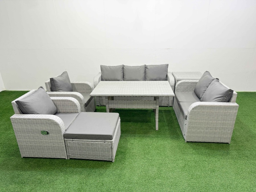 Click to view product details and reviews for Fimous Pe Rattan Garden Furniture Set Reclining Chair Sofa Double Love Seat 2 Seater Sofa Lounge Set Rectangular Dining Table Big Footstool Side Table.
