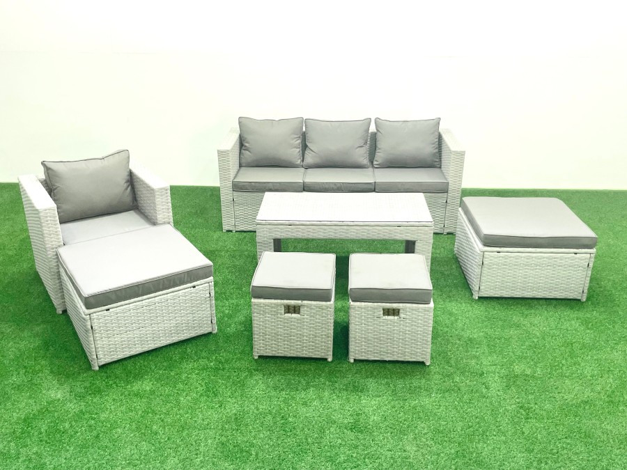 Click to view product details and reviews for Fimous Rattan Garden Furniture Set Outdoor Lounger Sofa With Coffee Table 4 Footstools Light Grey Mixed.
