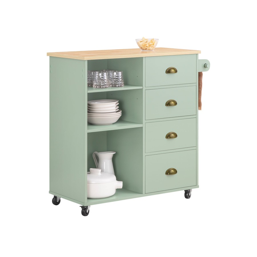 SoBuy FKW127-GR, Kitchen Trolley with 3 Compartments and 4 Drawers Kitchen Island Serving Side Rolling Cart, Green