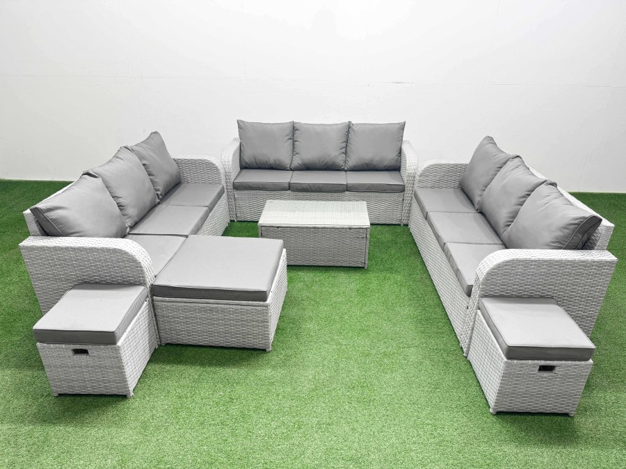 Click to view product details and reviews for Fimous Pe Rattan Lounge Sofa Set 12 Seater Outdoor Garden Furniture Set With Rectangular Coffee Table 3 Seater Sofa 3 Stools Light Grey.
