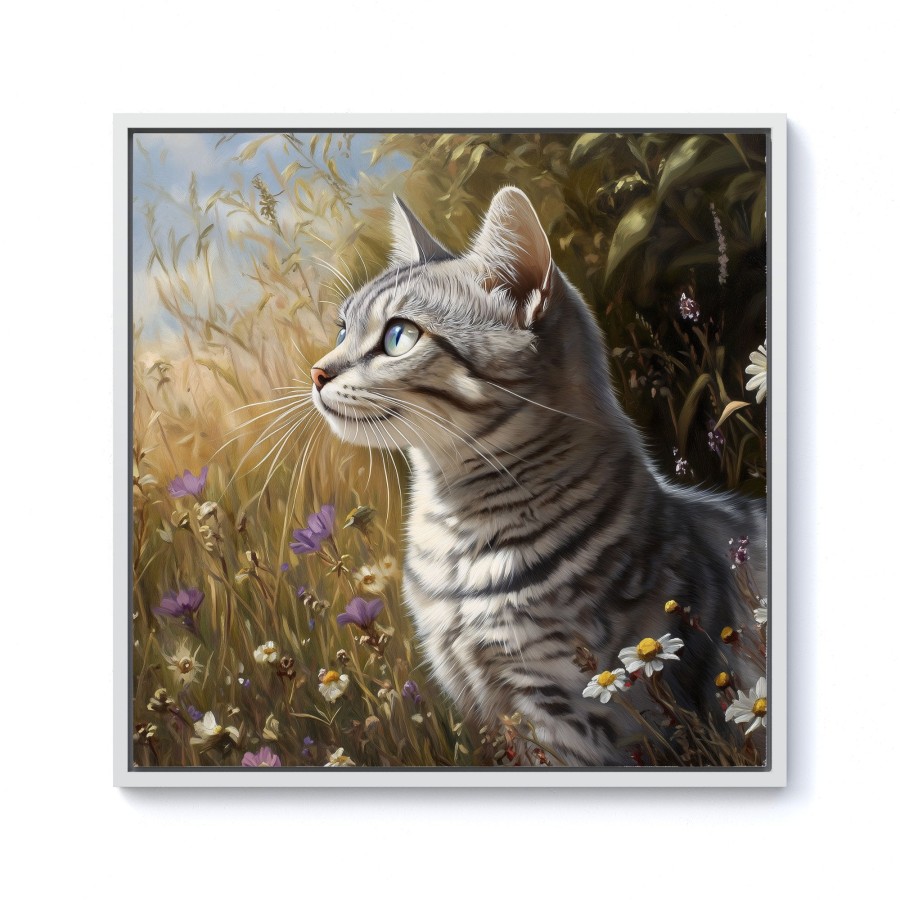 Click to view product details and reviews for Silver Tabby Cat In A Spring Meadow Framed Canvas 10 X 10 White.