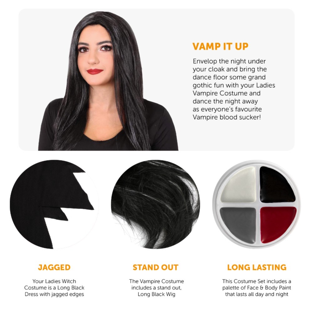 Ladies Vampire Costume | 3 Pcs | Dress, Wig, Face Paint & Blood