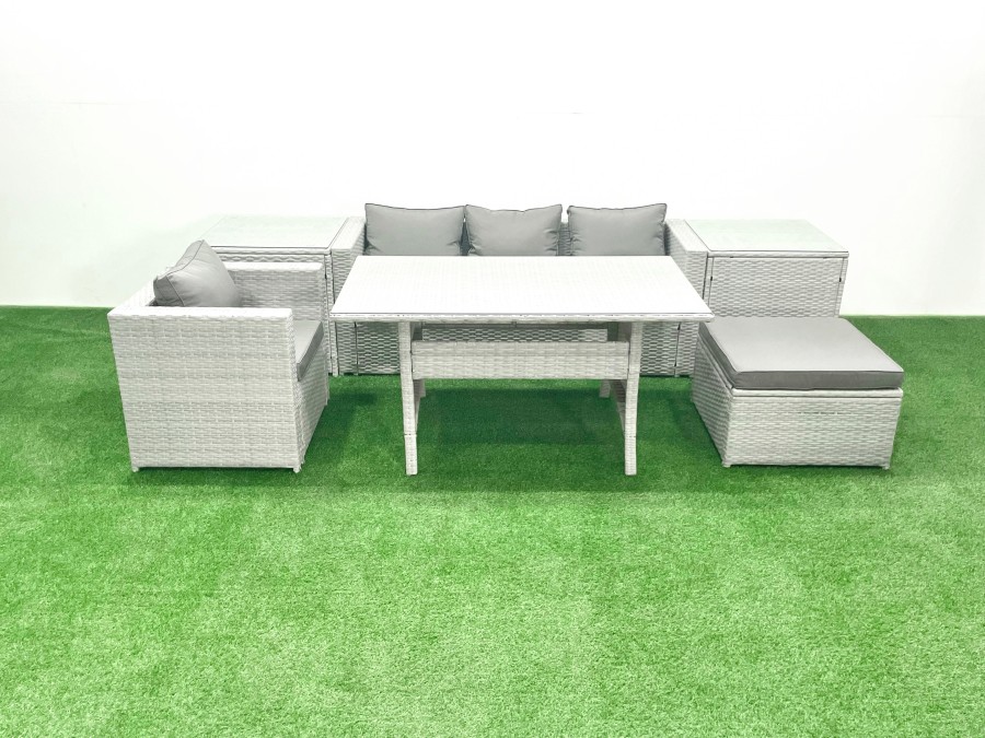 Click to view product details and reviews for Fimous Rattan Garden Furniture Dining Set 5 Seater Lounge Sofa Chair Dining Table Set With Big Footstool Light Grey Mixed.