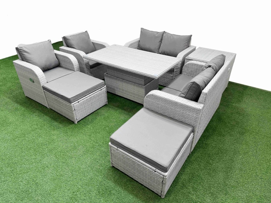 Click to view product details and reviews for Fimous 8 Seater Outdoor Reclining Chair Love Sofa Set Rattan Garden Furniture Set With Adjustable Lifting Dining Or Coffee Table 2 Big Footstools Sid.