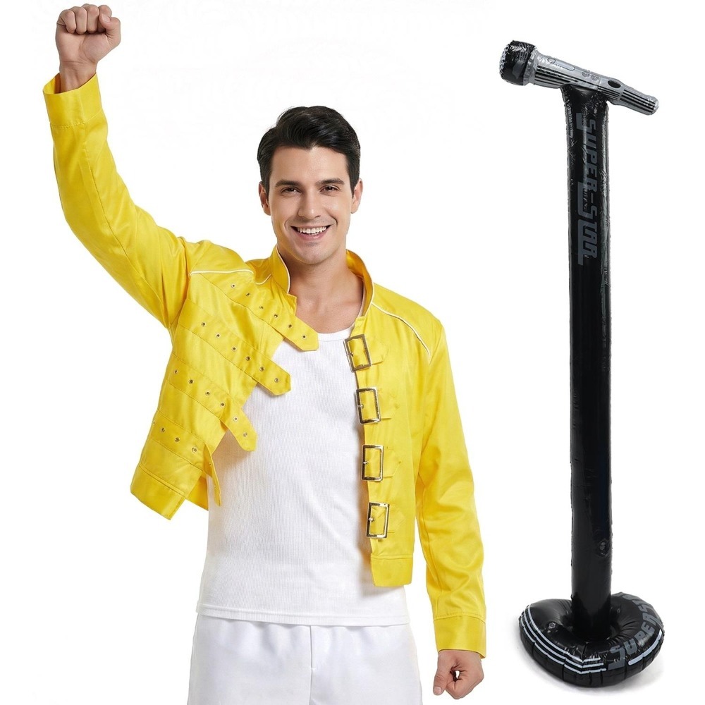 Adults 80's Rock Star Costume | 2 Pcs | Yellow Jacket & Inflatable Mic Stand