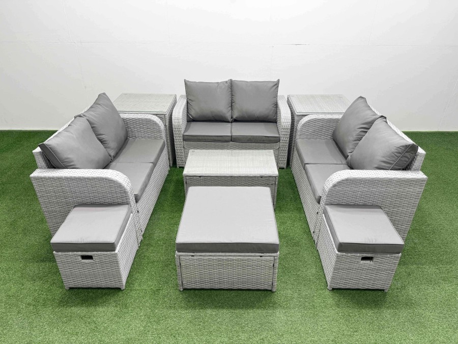 Click to view product details and reviews for Fimous 9 Seater Pe Wicker Rattan Furniture Sofa Sets With Rectangular Coffee Table 2 Seater Love Sofa 3 Stool Side Table Light Grey.