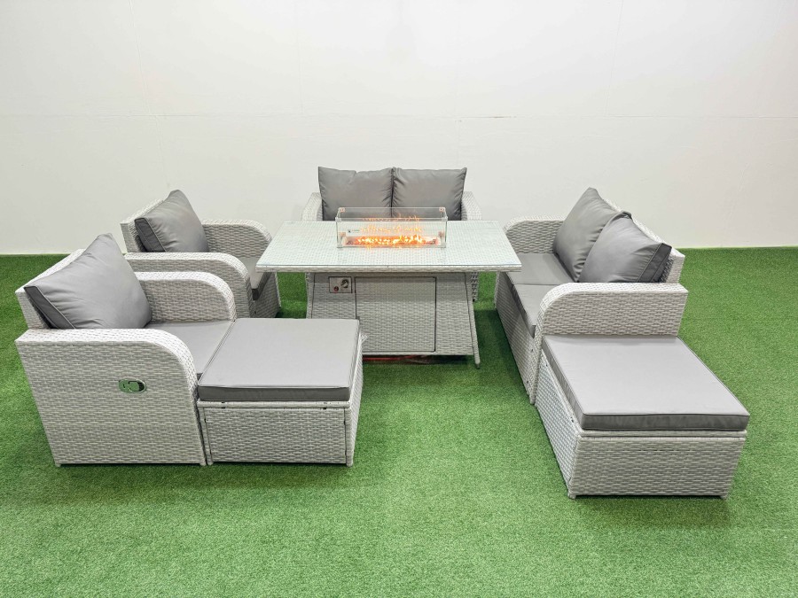 Click to view product details and reviews for Fimous 8 Seater Outdoor Reclining Chair Love Sofa Set Rattan Garden Furniture Set With Firepit Dining Table 2 Big Footstools Light Grey.