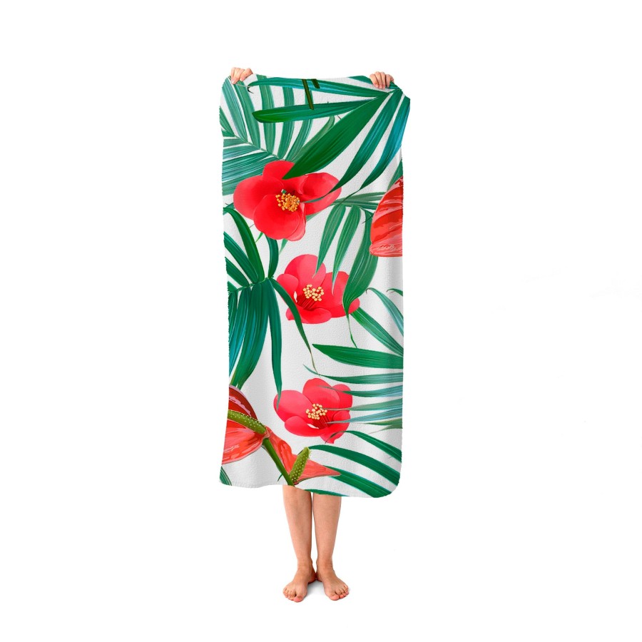 Tropical Flowers, Palm Leaves Hawaiian Beach Towel