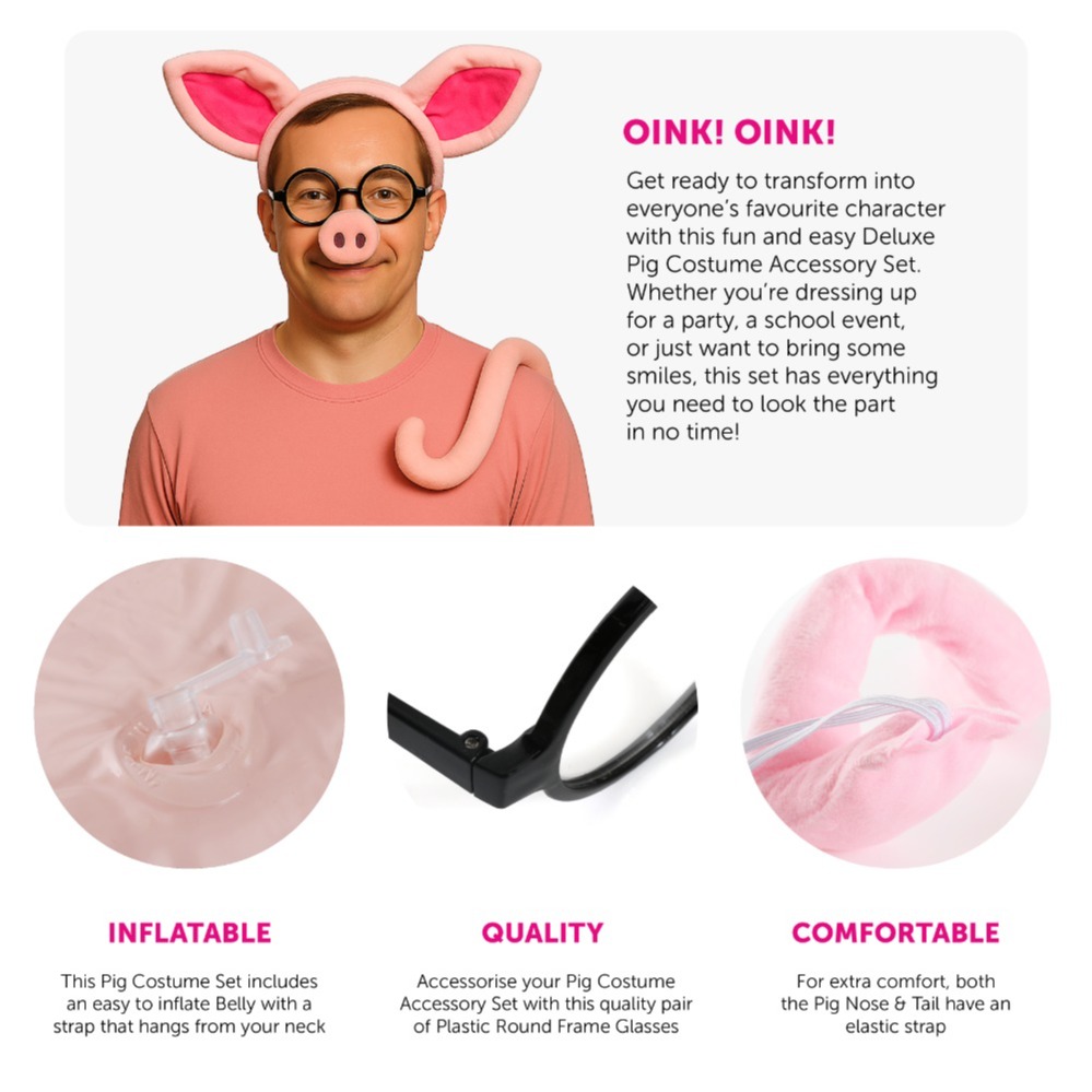 Daddy Pig Costume - Pig Set, Glasses, Inflatable Belly & Pink Face Paint